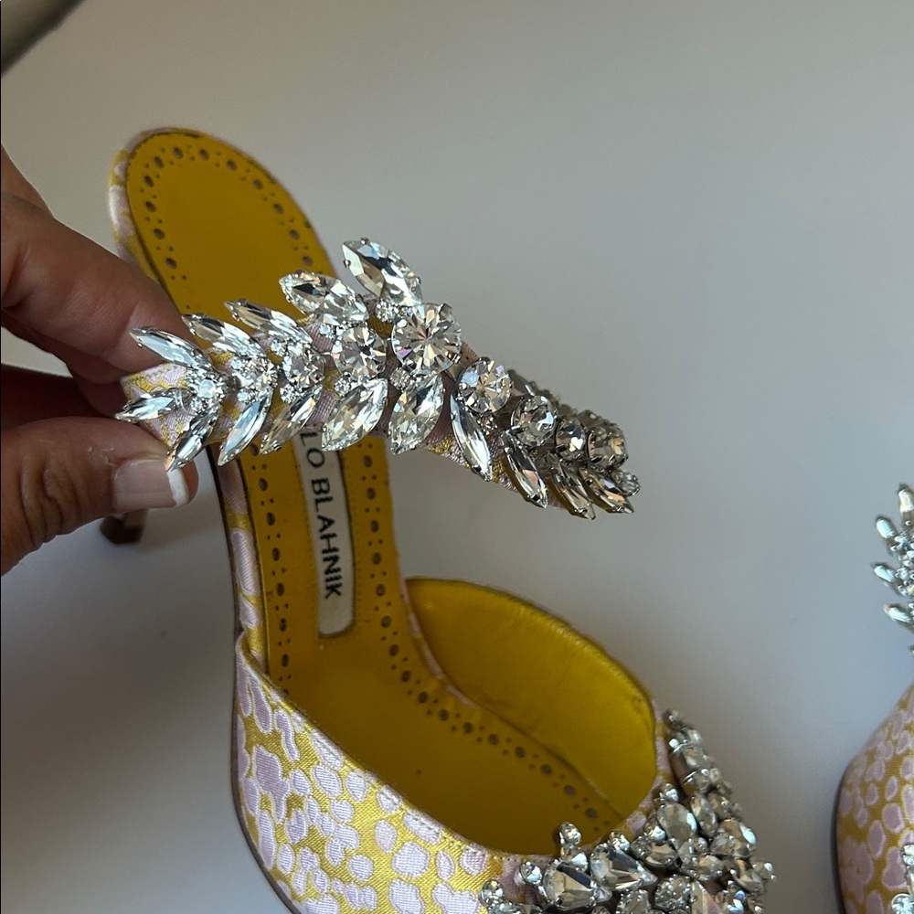 Manolo Blahnik Lurum Crystal Mule Leopard Jacquard Pink Yellow Wedding Shoes - Picture 8 of 11